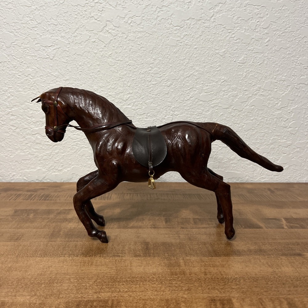 Vintage‎ Horse Statue Figure with Saddle & Stirrup Dark Brown Leather